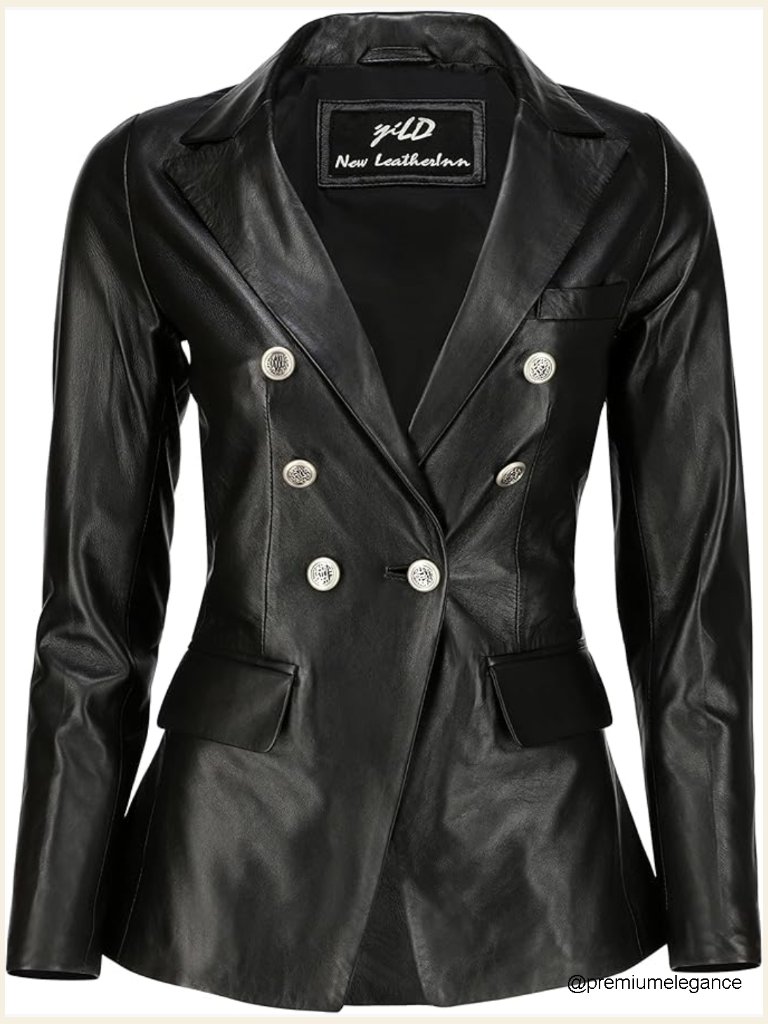 Double Breasted Fancy Buttons Lambskin Leather Blazer Coat Jacket